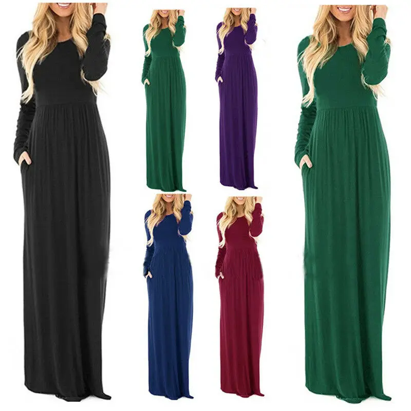 

Summer New Women Dress Long Sleeve O-neck Solid Slim Fit Loose Draped Floor Length Lenght DressEvening Party Sundress 2019 Hot