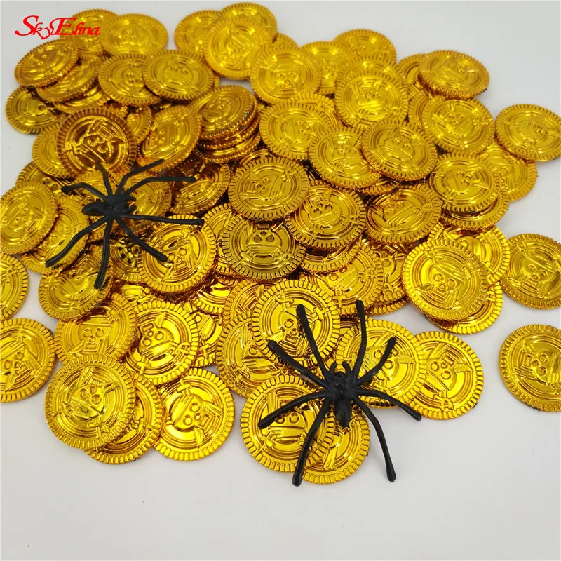 100Pcs Plastic Gold Treasure Coins Captain Pirate Party Favors Pretend Treasure Chest Kids Party Coins Supplies 7Z