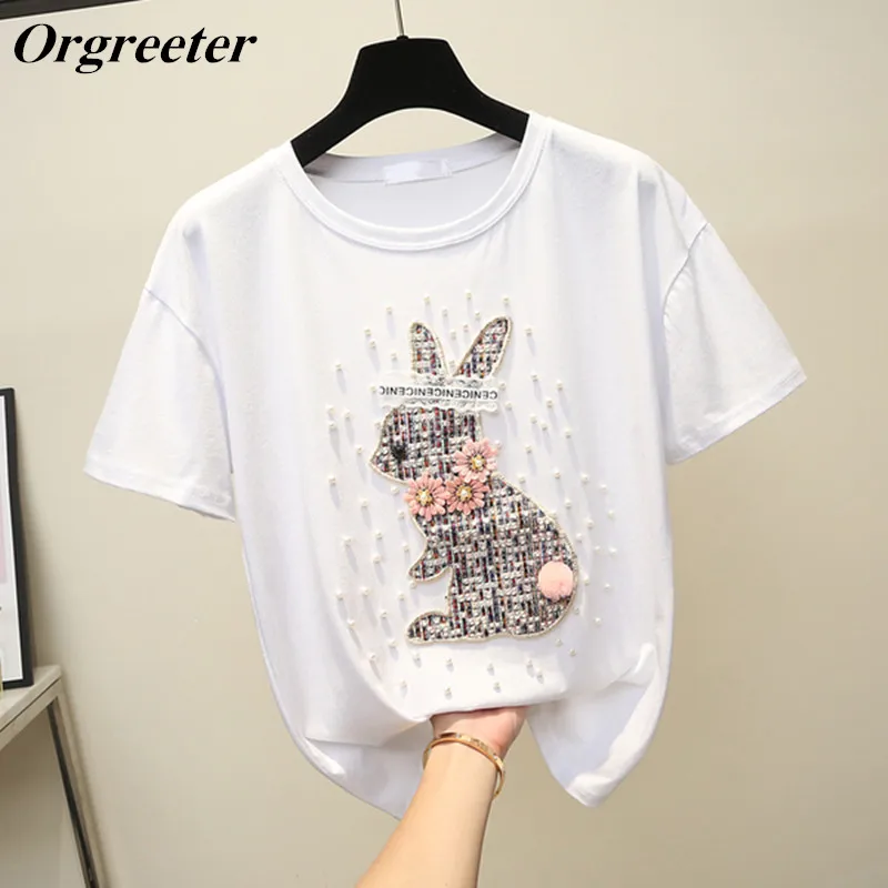 

Summer women Pearl Beading tshirt Cute rabbit Appliques O-neck short sleeve Basic Bottoming T-shirts 2019 Casual Tops