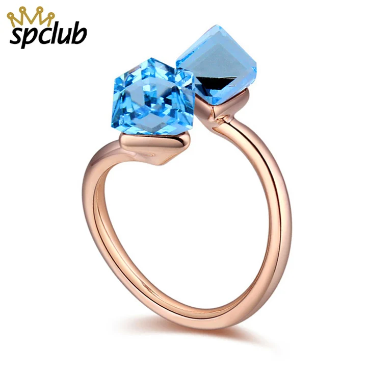 

Big Promotion Luxury Geniune Crystals From Swarovski Cube Wedding Engagement Rings Super Shiny Gold Color Jewelry For Bridal