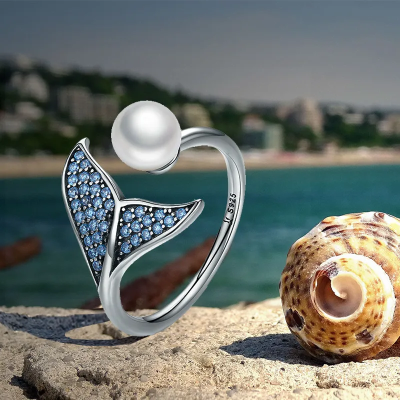 

Women Adjustable Silver Finger Rings Female Mermaid Tail Imitation Pearl Rings 2019 Hot Sale for Women Wedding Engagement