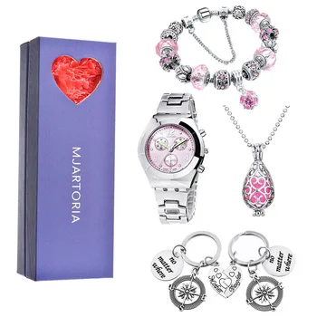 

MJARTORIA 1Set Of Fashion Jewelry For Mother's Day Pink Pendant Necklace Watch Charm Key Chains Beaded Bracelet Jewelry Set
