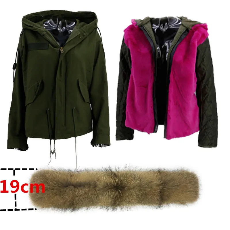 Женская зимняя куртка, толстая, теплая, меховая парка,, натуральный мех, воротник, пальто, армейский зеленый, куртки, натуральный мех енота, толстовки - Цвет: Rose Lining 19cm
