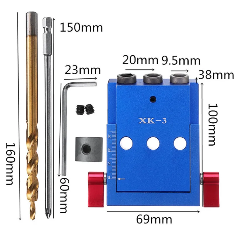 Для Xk-3, набор для карманного отверстия, 3 отверстия, деревообрабатывающее сверло, алюминиевая косая сверла, направляющая, локатор, инструменты, 9,5 мм, сверло, перфоратор