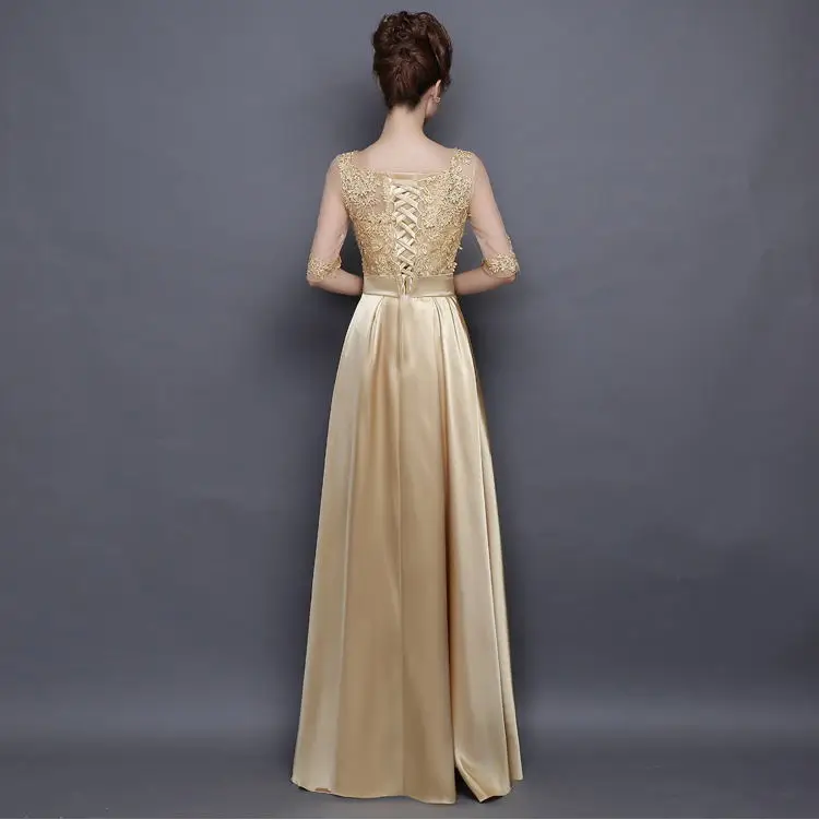 Vestido para boda2019 Черпак шеи кружева атласа Половина рукава линия Бургундия Королевский синий золото платья невесты длинные