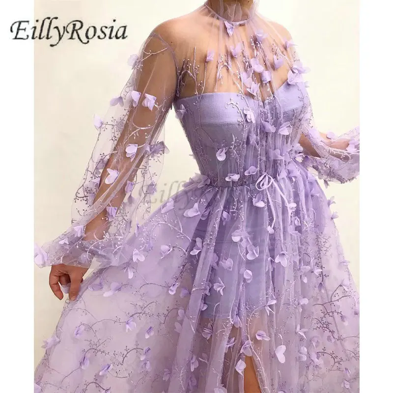 Сиреневые вечерние платья с высоким воротом и длинным рукавом, 3D Цветочная аппликация, сексуальные боковые разрезы Illusion Sheer, вечерние кружевные платья для женщин