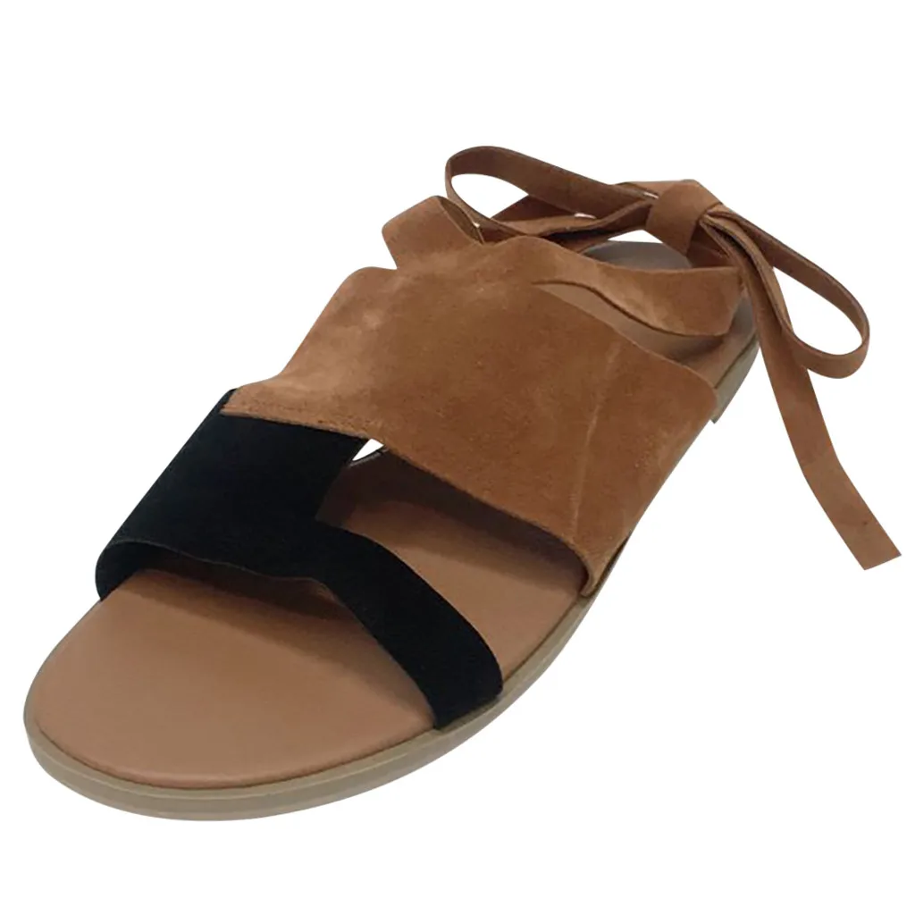 

Women's Low Flats Open Toes Shoes Lace Bandage Leather Mixed Colors Brown Buckle Straps Roman Sandals Sandalias Dames Sandales