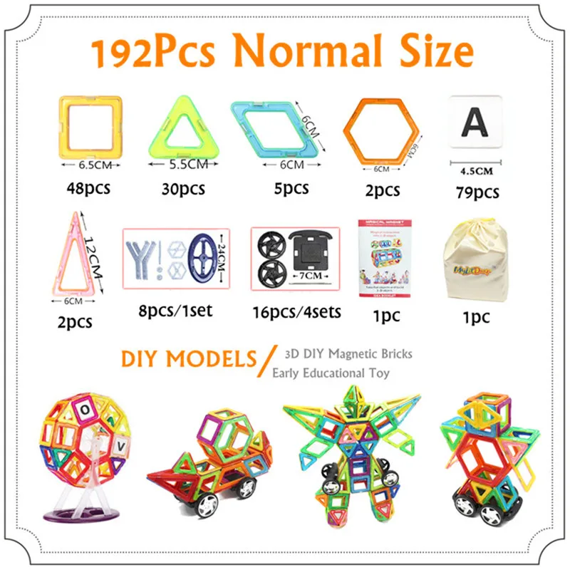 

192pcs Big Size Magnetic Construction Set Magnetic Designer for Children plastic Magnetic Blocks Educational Toys For Kids