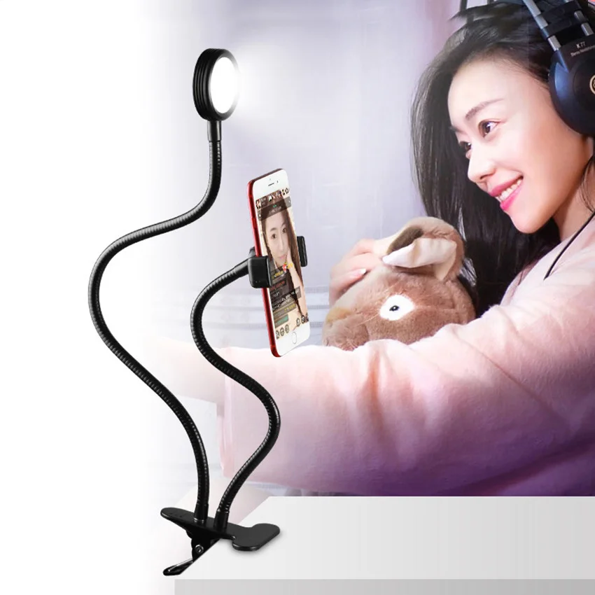 

New Arrival Live Stream Bracket Phones Holder with Clamps Base Tripod with LED Flash Light Lamp for Video Bloggers