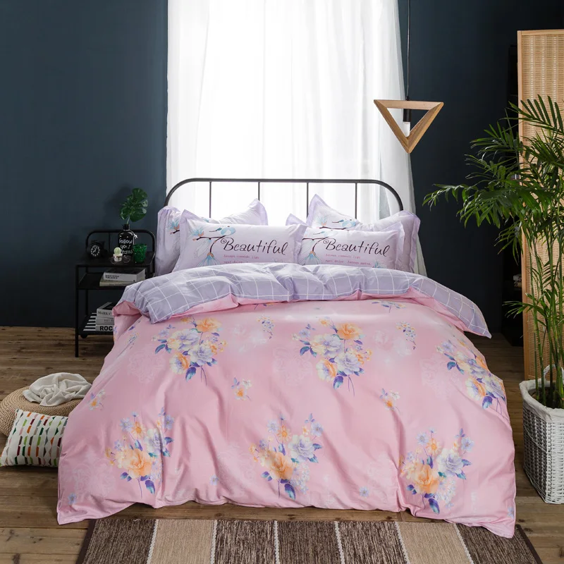 girl pink flower print bed linen 100% cotton bedding set queen full sizes 3d duvet cover 4/5 pcs purple sheet bed spreads adult 