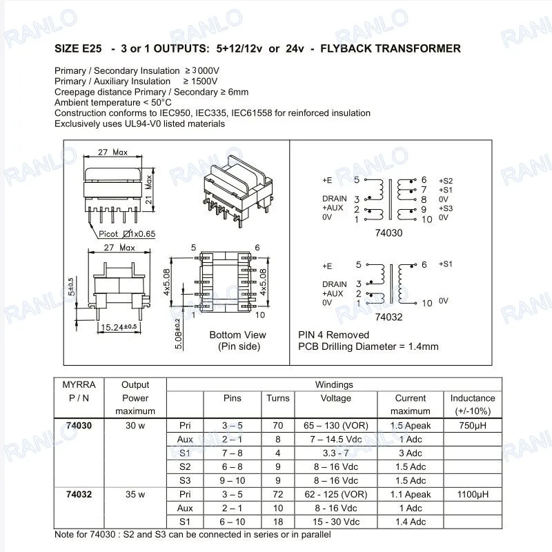 EE25 185-265 V/85-265 V, 5+ 12/12v или 24 v-FLYBACK трансформатор