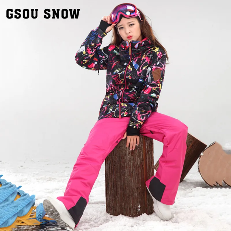 Gsou snow 2017 colorful double veneer ski suit female suits to enhance warm waterproof