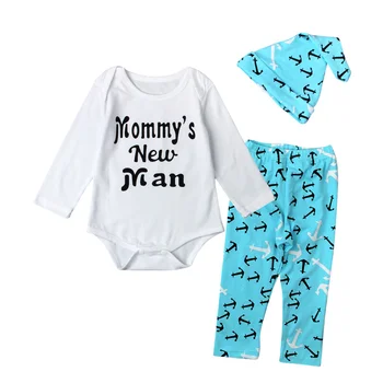 

New Baby Boys Clothing Cotton Long Sleeve Rompers + Pants + Hat 3pcs Newborn Infant Boy Outfits Mommy's New Man Clothes Set