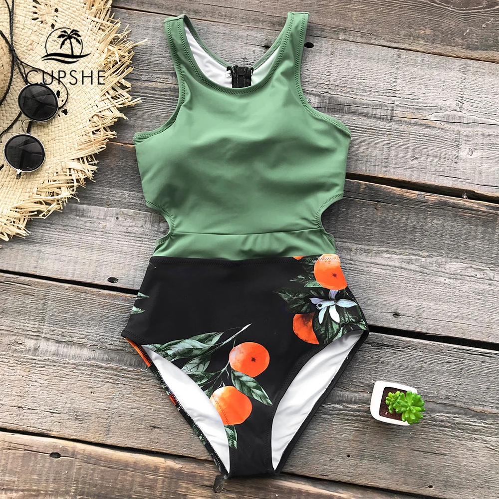 CUPSHE Green Miss U Print One-piece Swimsuit Women Tied Bow Cutout Tank Monokini 2018 Girl Beach Bathing Suit Swimwear