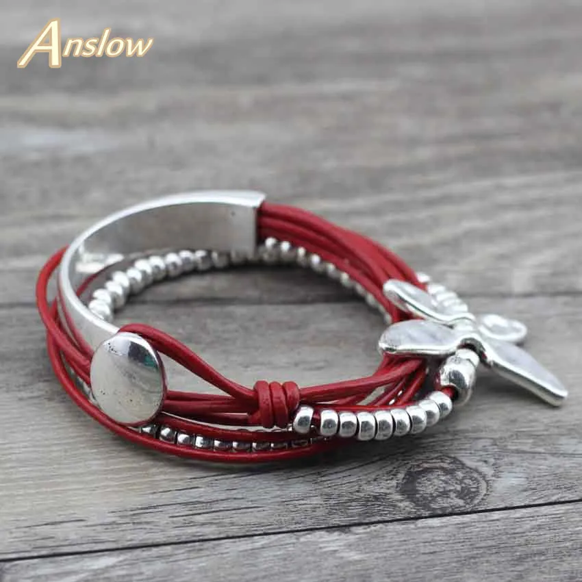 

Anslow Best Selling Creative Design Drongfly Wrap Leather Bracelet For Women Zinc Alloy Beads Strand Multilayer Gift LOW0583LB