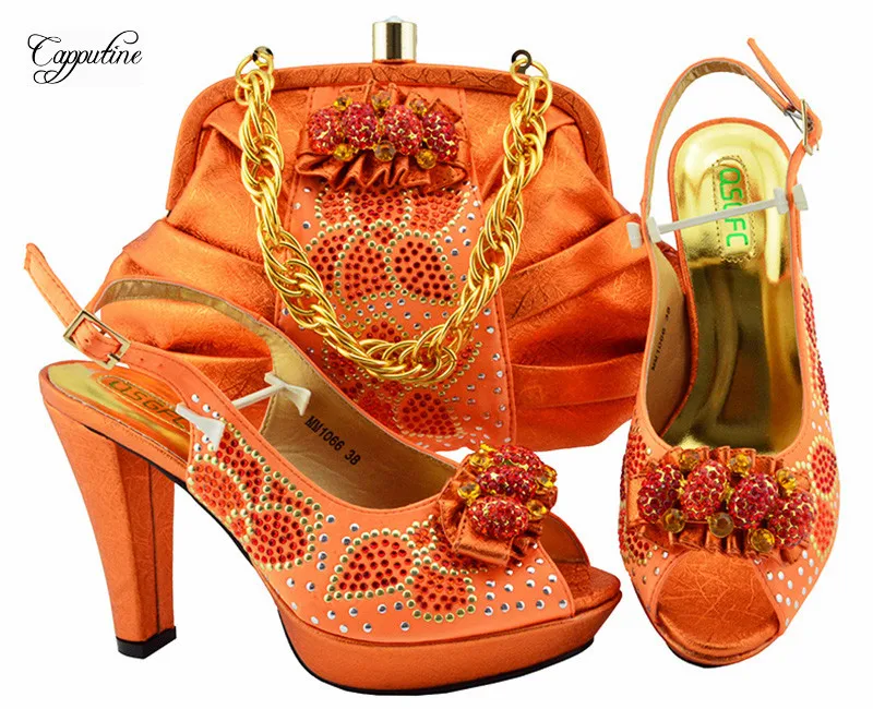 Excellent orange with rhinestones high heel shoes matching