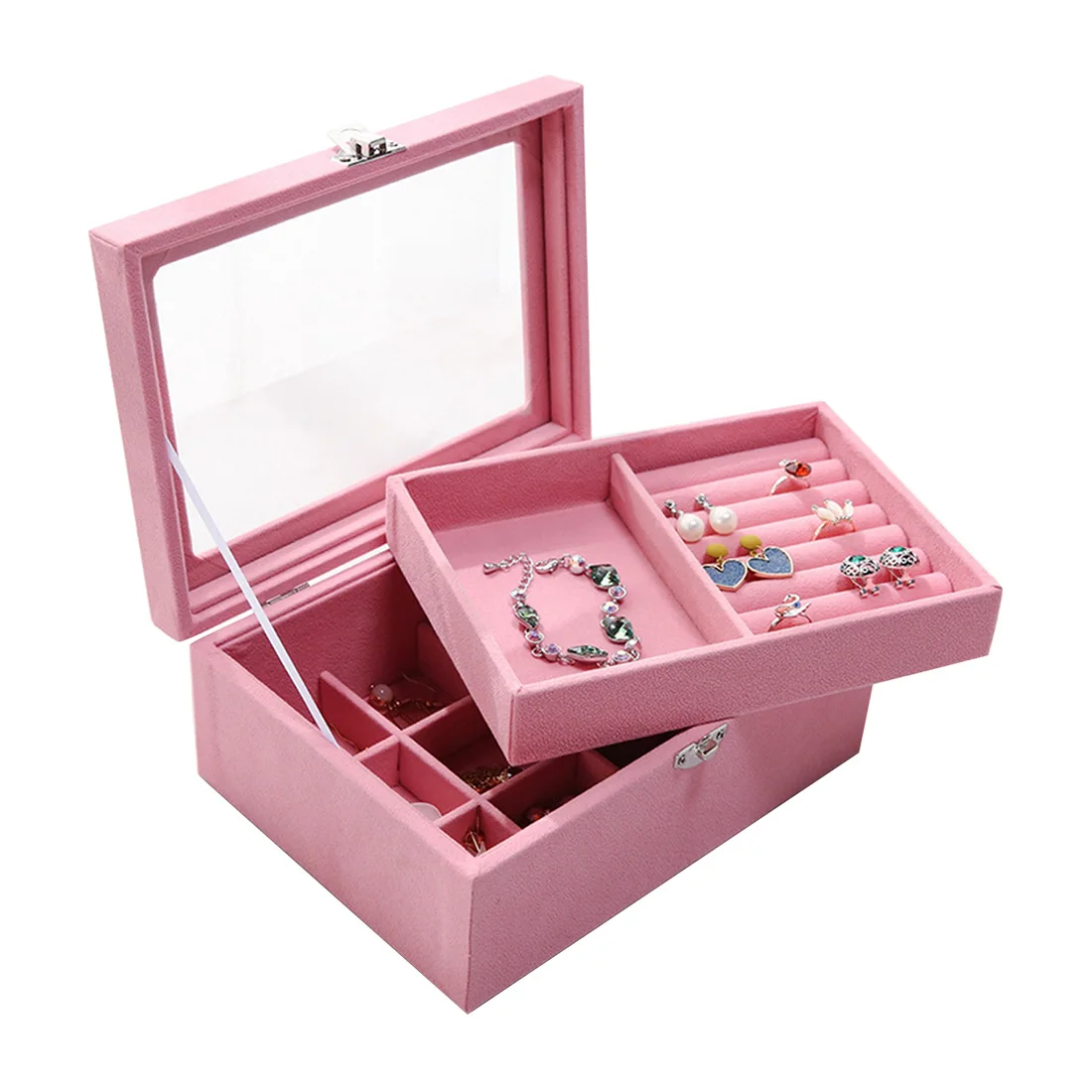 Ювелирный дисплей, бархатный серый чехол для переноски со стеклянной крышкой, Ювелирное кольцо, дисплей, коробка, лоток, держатель, коробка для хранения, ювелирный чехол, коробка - Цвет: Розовый