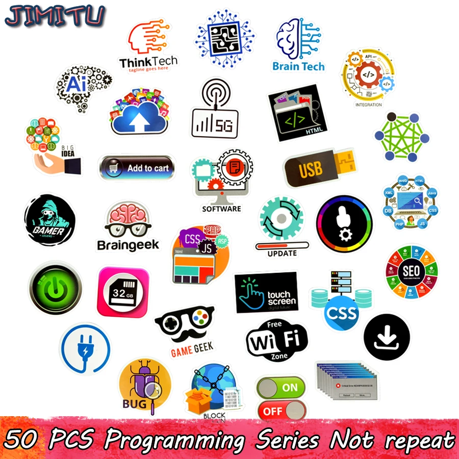 50 PCS Programming Sticker Technology Software Programs Data Creative Stickers for Geek DIY Computer Laptop Phone PS4 Notebook 10 30 50pcs internet programming stickers decals geek php docker html bitcoin tablet laptop pc pvc graffiti sticker for kids toy