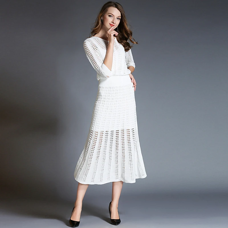 

Hollow Out Dress Women Elastic Knitted Fabric Elegant Design V Neck Half Sleeves 2 Colors Long Dress Fashion Style Spring 2018