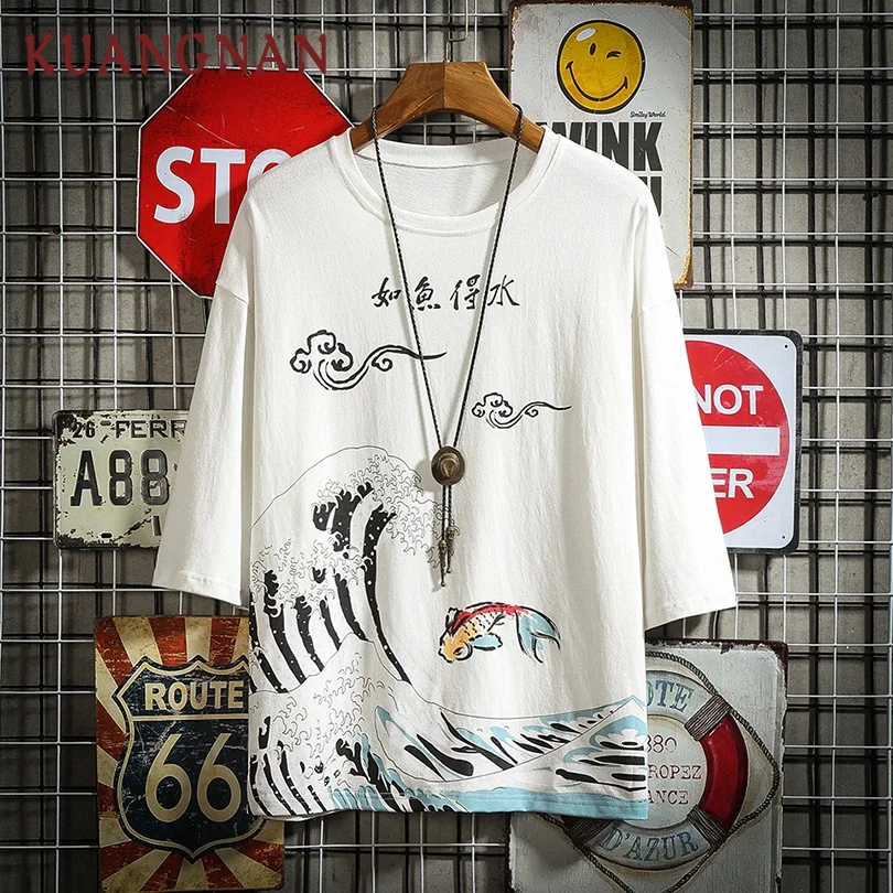 

KUANGNAN Chinese Style Fish Print T Shirt Men Harajuku Tshirt Men T-Shirt Men Summer Top T Shirts Hip Hop Streetwear 2019 New