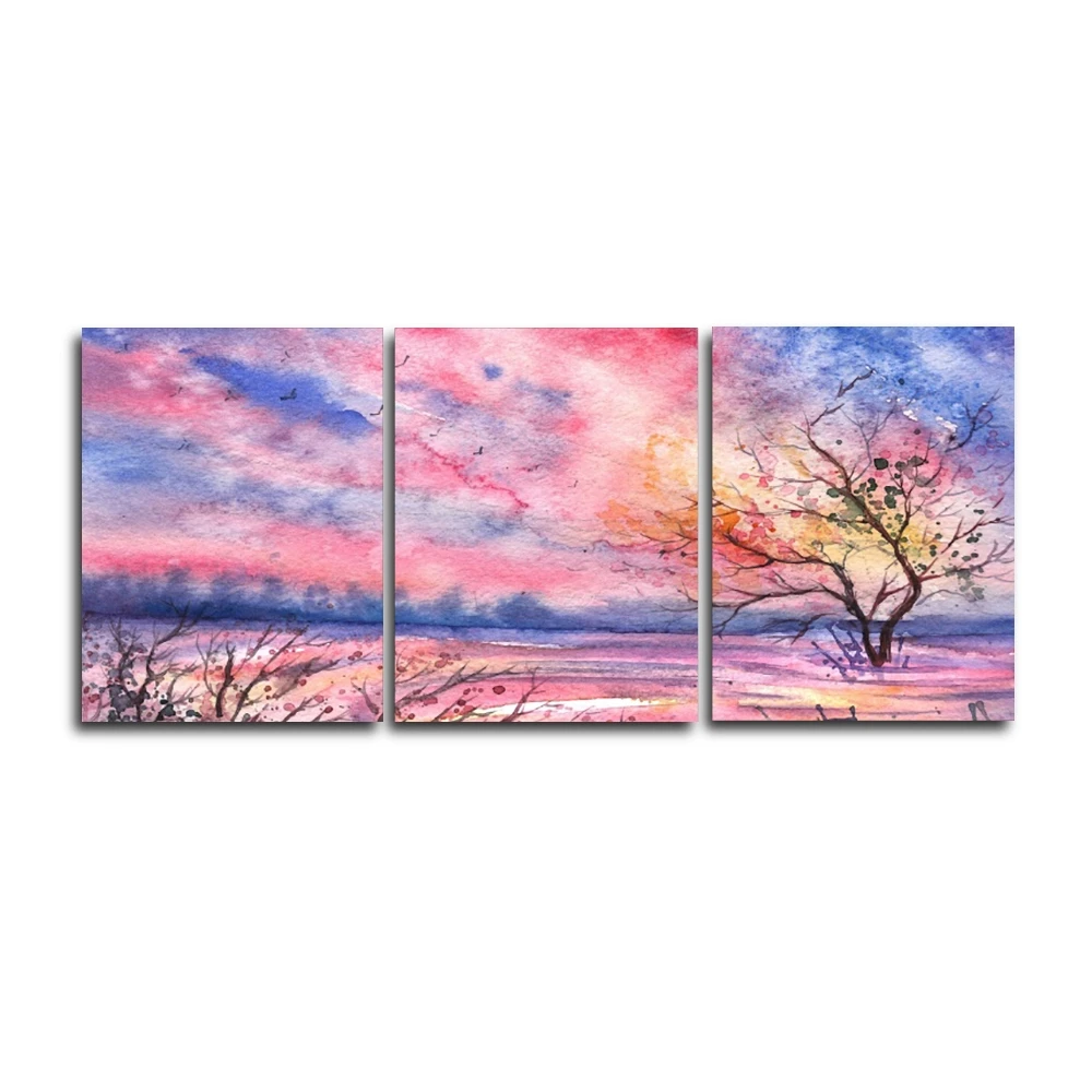 

Laeacco Watercolor Nordic 3 Panel Pink Tree Posters and Prints Wall Artwork Home Living Room Decoration Modern Canvas Painting
