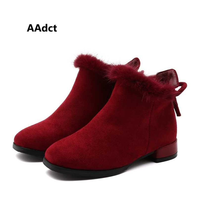 

AAdct Velvet upper bow cotton short boots for girls Warm princess girls boots 2018 Winter new fashion low-heeled kids boots