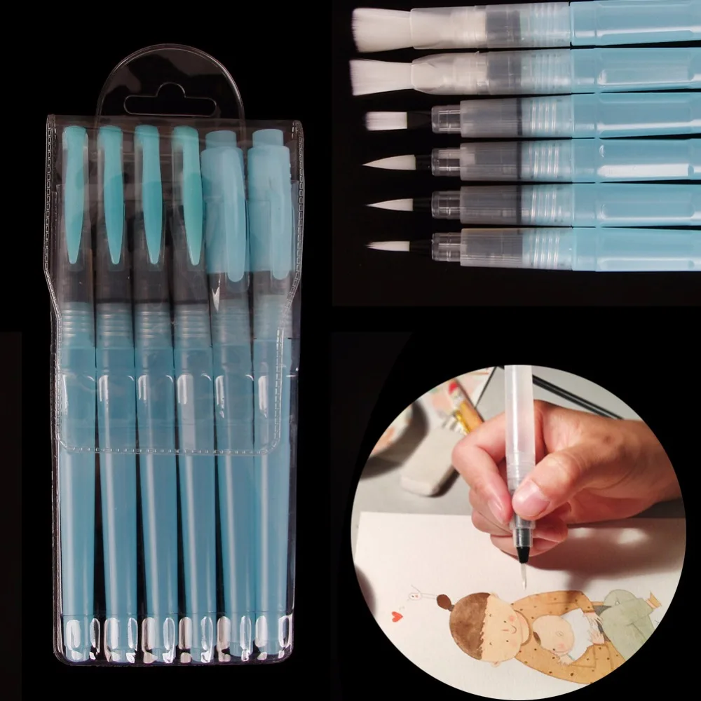 

6Pcs/Set Reusable Soft Brush Pen Ink Water Color Paintbrush Calligraphy for Beginner Painting Watercolor Brush #249039