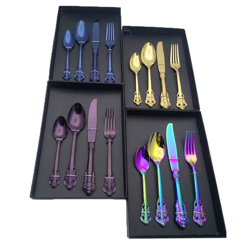 

Stainless steel Carving Handle Rainbow Dinnerware Set Embossment Steak Knife Tableware Set Cutlery Dinner Fork Soup Scoop 4pcs