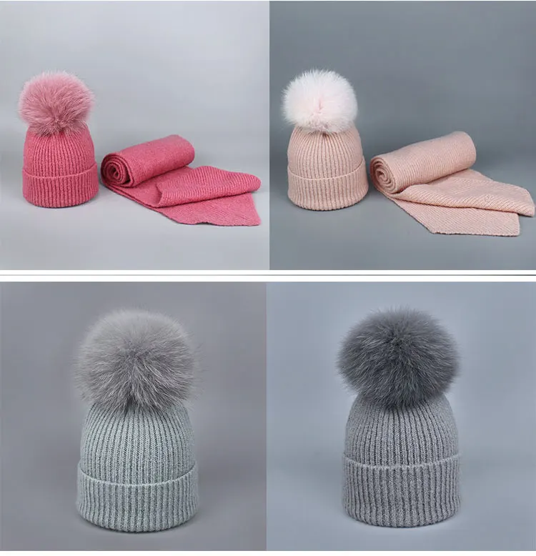 Для девочек Pom Beanie теплая вязаная Bobble меховым помпоном шапка и шарф комплект натуральным лисьим мехом помпоном зимняя шапка skullies