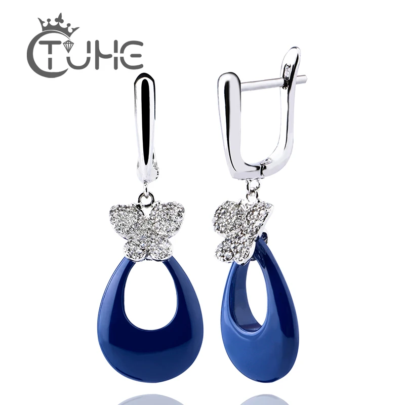 Дизайн воды серьги в форме капель из нержавеющей стали Топ AAA+ кубический цирконий бабочка керамические серьги для женщин обручение подарок