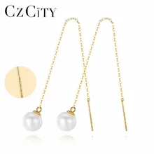 CZCITY 18k font b Gold b font Long Earrings 6 5 7mm White Perfect Circle Pearl