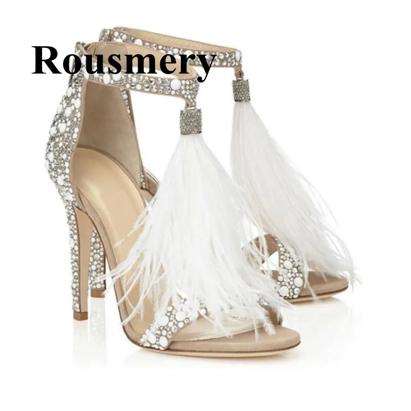 

Crystal Cover Heel Fashion Feather Summer Shoes Women Sandals Thin High Heel Open Toe Rear Zipper Hottest Women Sandals