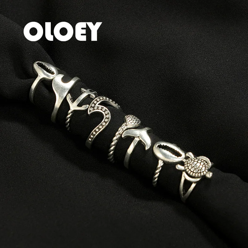 OLOEY 8Pcs/Set Shell Sea Turtle Shark Dolphin Tail Anchor Alloy Silver Rings For Women Unisex Charm Ring Set Jewelry Anillos