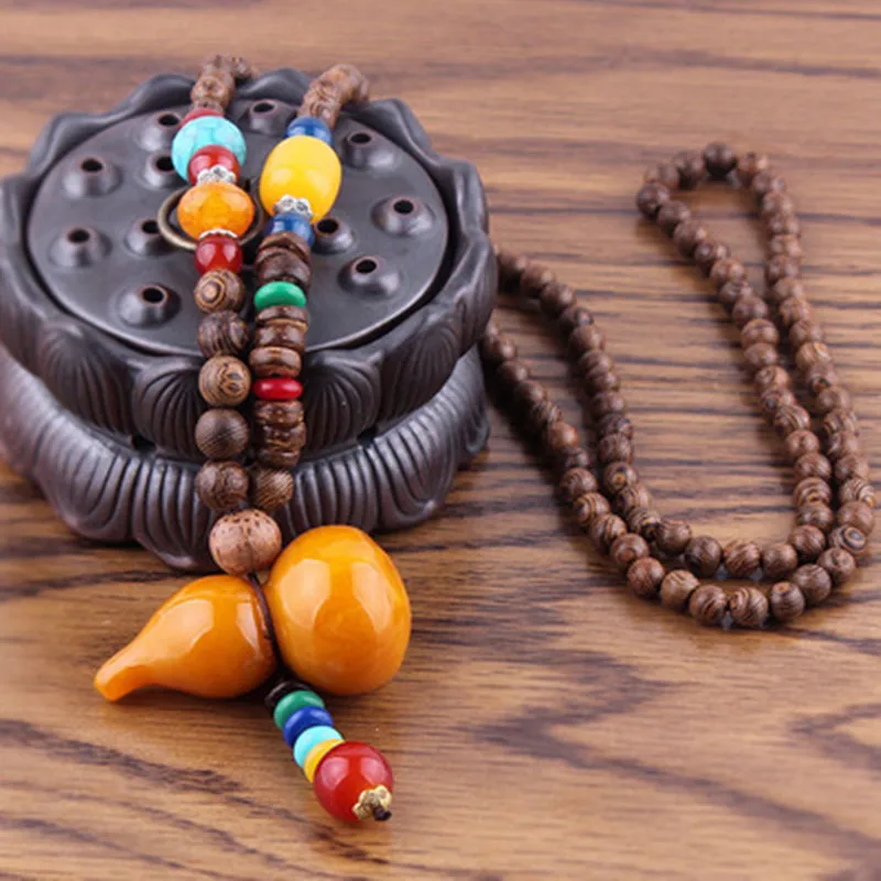 

2019 New Handmade Nepal Necklace Buddhist Mala Wood Beads Pendant & Necklace Ethnic Gourd Fish Flower Statement Jewelry Men