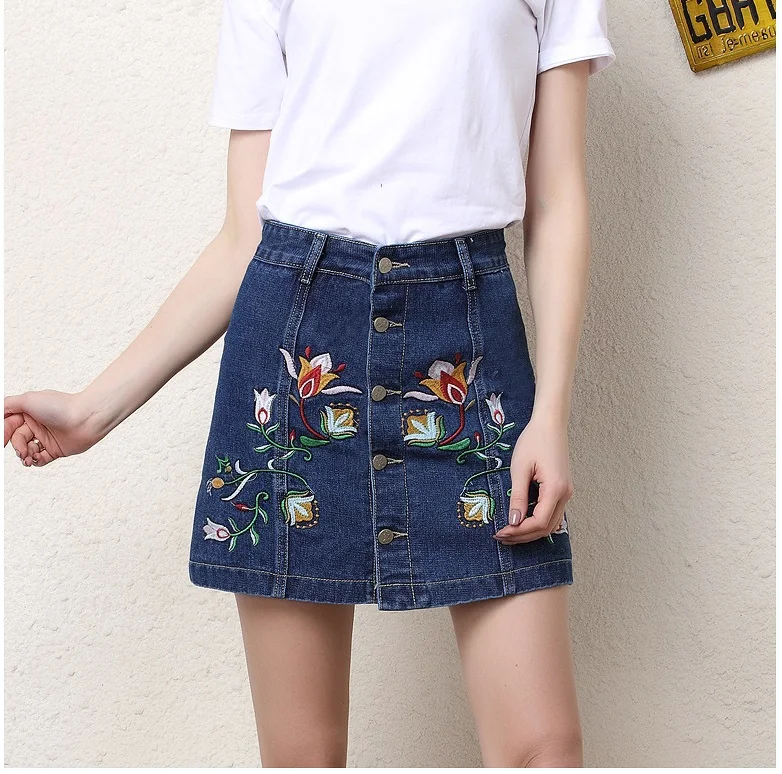 2018 New Arrivals Brand Women Vintage Mini Denim Jeans Skirt Spring Summer Female Casual Embroidery Flower Button Skirt 2018 New Arrivals Brand Women Vintage Mini Denim Jeans Skirt Spring Summer Female Casual Embroidery Flower Button Skirt