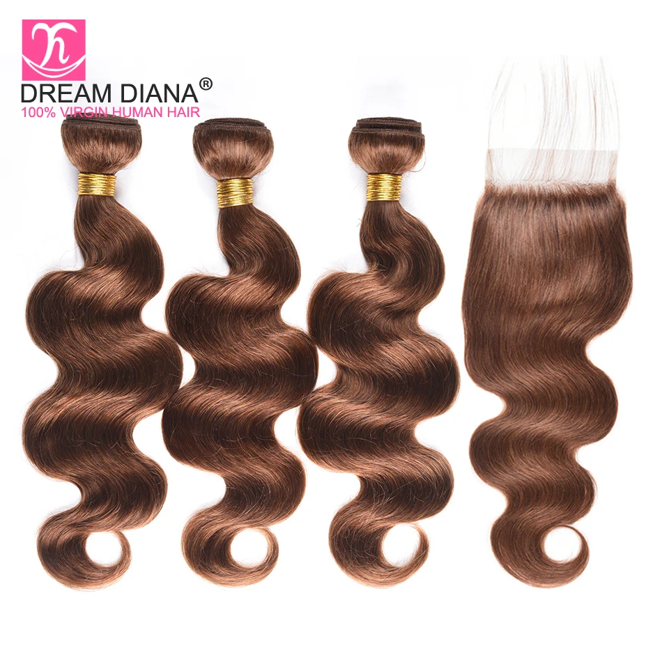 DreamDiana коричневый цвет 4 тела волна 3 Связки с закрытием коричневый индийский волос Remy с закрытием цвет 4 человеческих волос с закрытием