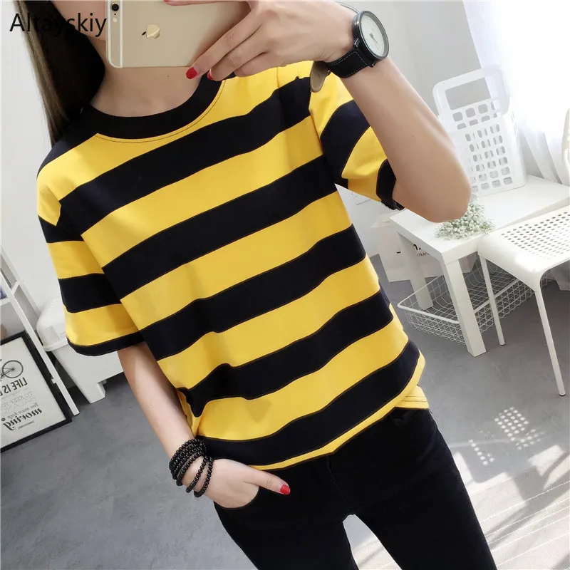 

T-shirts Women Striped Trendy Elegant All-match High-quality Korean Style Loose Students Daily Womens Female Lovely Simple 2019