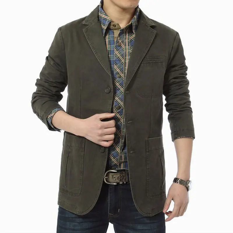 

Blazer men Casual Blazers Cotton Denim Parka Men's slim fit Jackets Army Green Khaki Large outdoors outwear coat Size XXXL 4XL