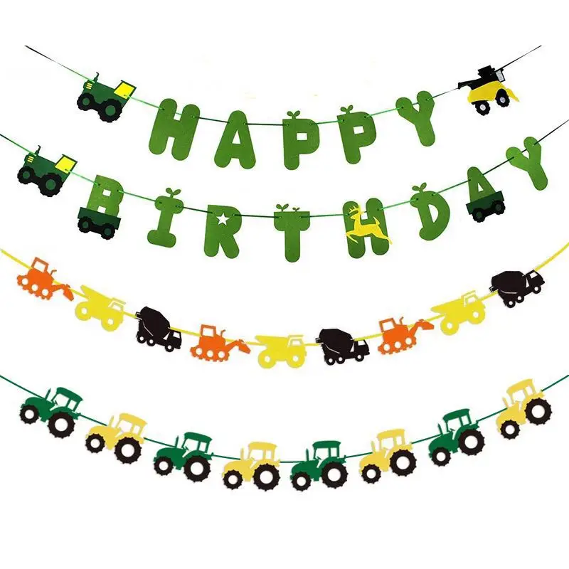 

Green Construction Vehicle Happy Birthday Banner Excavator Truck Garland Flags for Farm Birthday Party Decorations Kids Favors