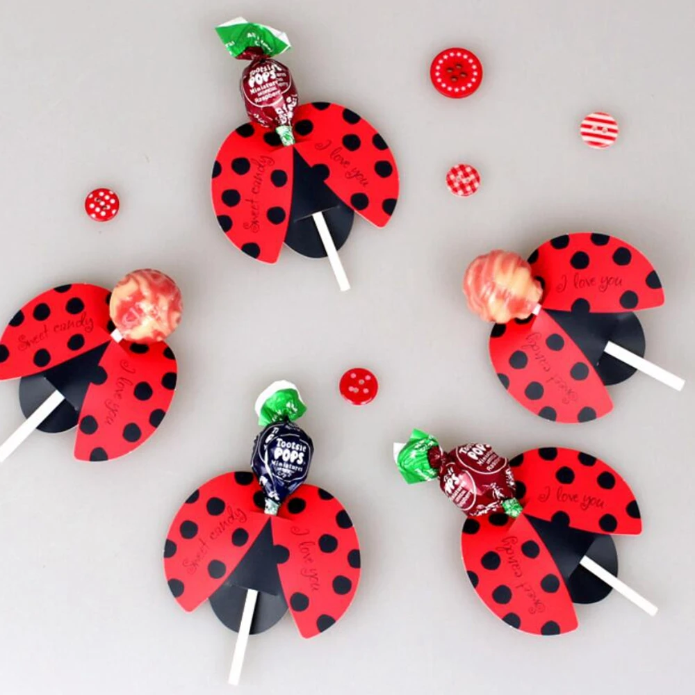 

50pcs Candy Lollipop Decorations Gifts Cute Bees Ladybug Butterfly Design Lollipop Card Lovely Props For Kid's Birthday Party
