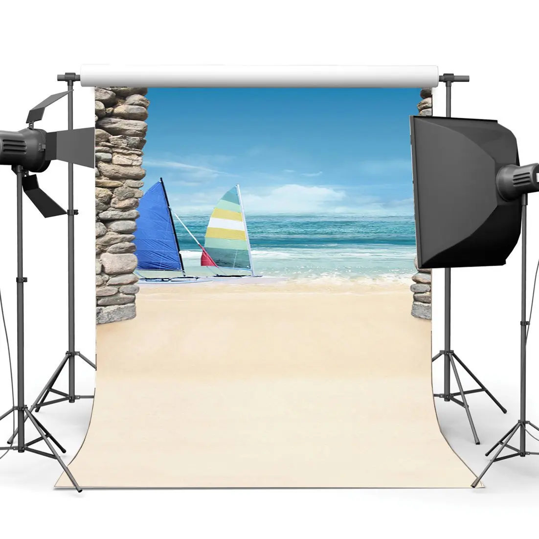 Seaside Backdrop Sand Beach Backdrops Sailboats Weathered Stones Blue Sky White Cloud Ocean Sailing Background | Электроника