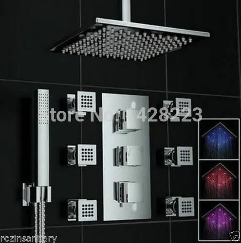 Luxury Concealed Install Rainfall LED Color Changing Thermostatic Shower Faucet with Hand + 6pcs Body Massage Jets | Дом и сад