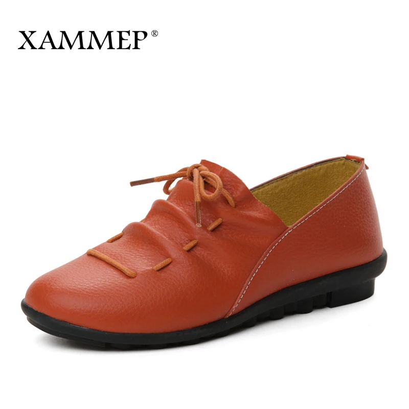 

Xamemp Women Flats Brand Women Shoes Women Sneakers Genuine Split Leather Female Casual Shoes Pleated Round Toe Lace-up Office