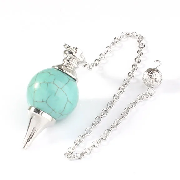 Natural Gnergy Gemstone~ Silver Plated Green Turqoises Stone 7 Chakra Round Beads Healing Dowsing Pendulum Stone Pendant Charm Jewelry 2 AA00201017901a