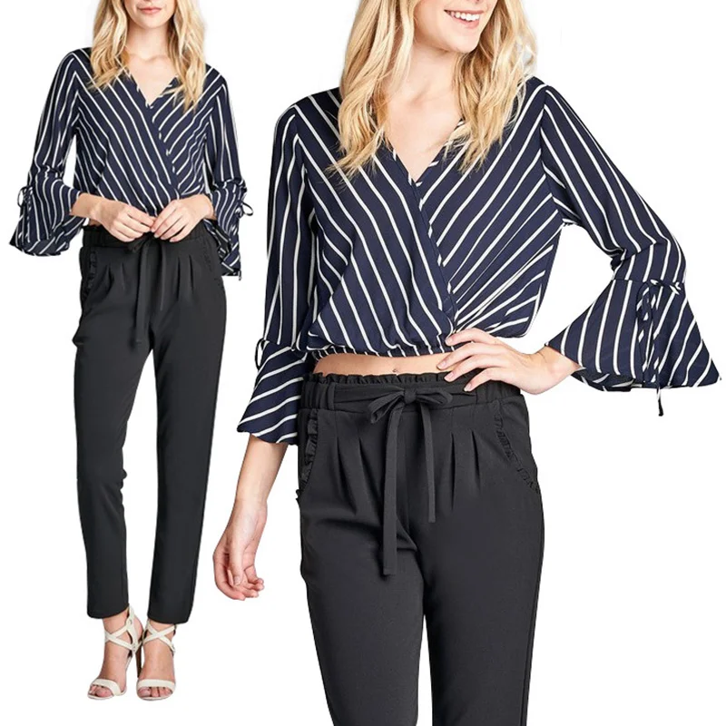 

New 2019 summer striped v-neck waist-revealing women's blouses with flared sleeves