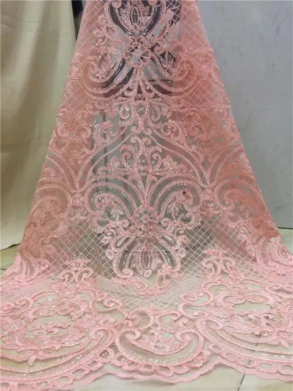 latest african Tulle lace 2019 French Net sequins Lace Fabric For Wedding Pinch Embroidery fabric Dress pink | Дом и сад