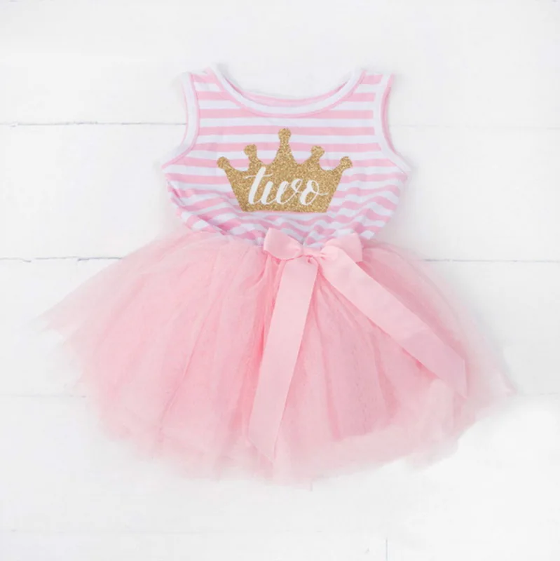 Платья для Дня Рождения для маленьких девочек Crown Письма в полоску без рукавов 1-2-3T Летнее платье принцессы нарядное платье Детская одежда E90287