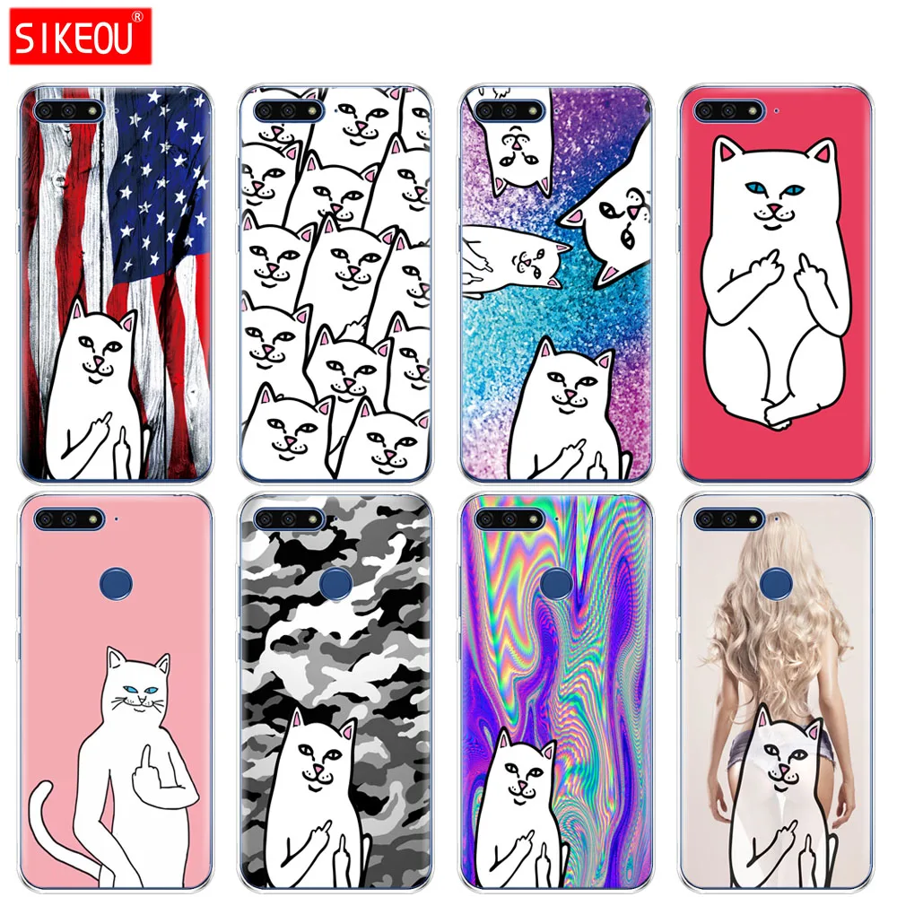 

Silicone Cover Phone Case For Huawei Honor 7A PRO 7C Y5 Y6 Y7 Y9 2017 2018 Prime Middle Finger cat