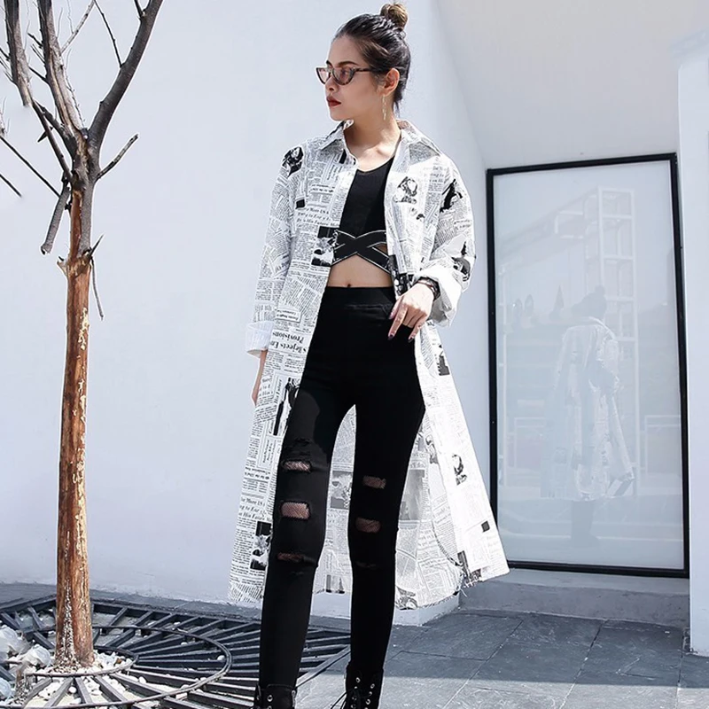 New Spring Summer Lapel Long Sleeve White Printed Loose Irregular Big Size Long Shirt Women Blouse Fashion Tide