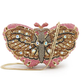

Animal Butterfly Evening Bags Women High-grade Luxury Crystal Diamond Hand Bag Full Rhinestones Pink Clutch Messenger Bag